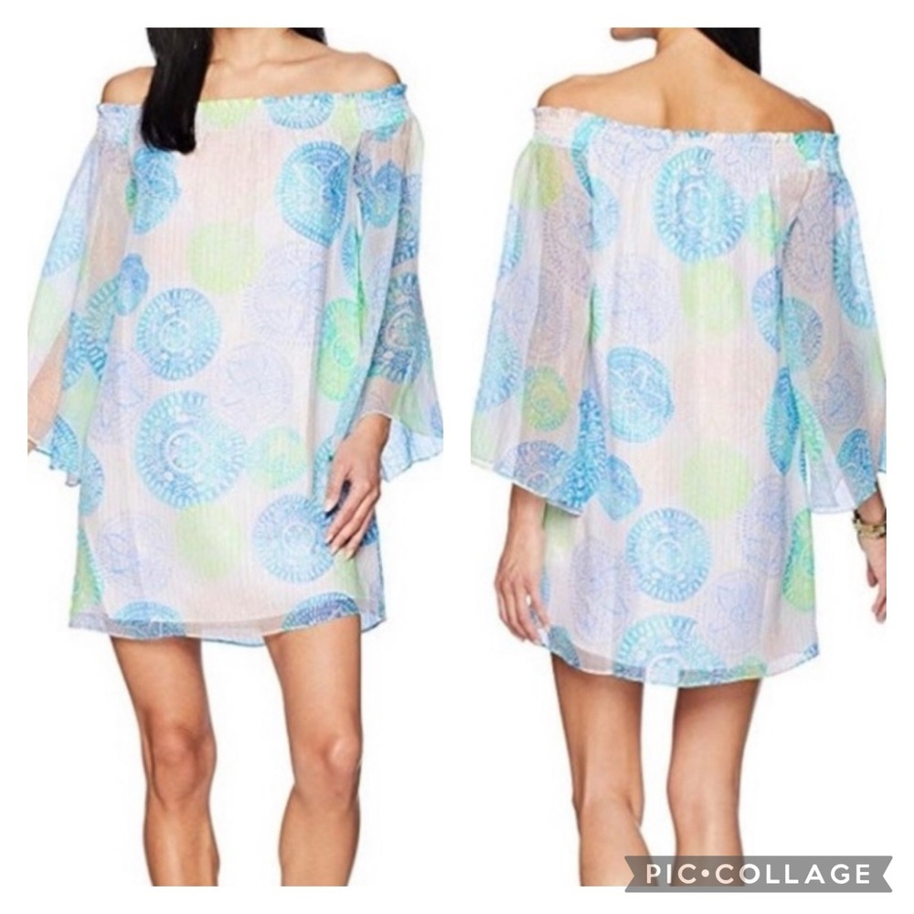 EUC Lilly Pulitzer Abi Off Shoulder Shimmer Striped Bell Sleeve Silk Dress